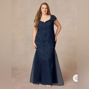 NWT AZAZIE MARBELLA Mermaid Queen Anne Sequins Lace Floor-Length Dress Dark Navy